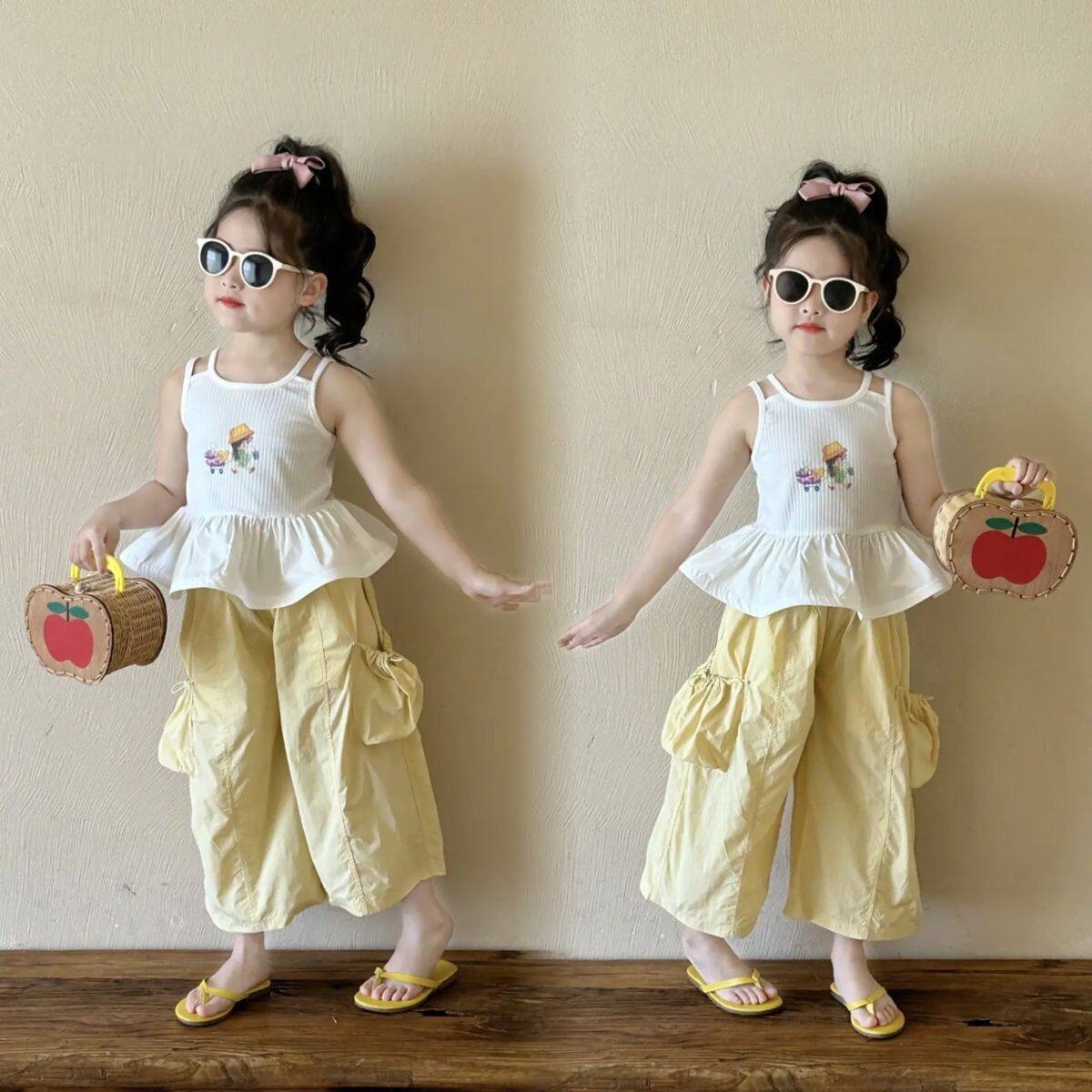 女童夏季时髦套装2026新款儿童韩版百搭荷叶边背心上衣时尚工装裤
