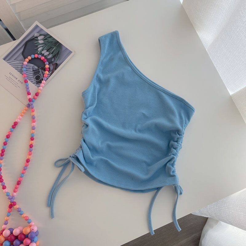 女童夏季抽绳系带斜领露脐背心20图片