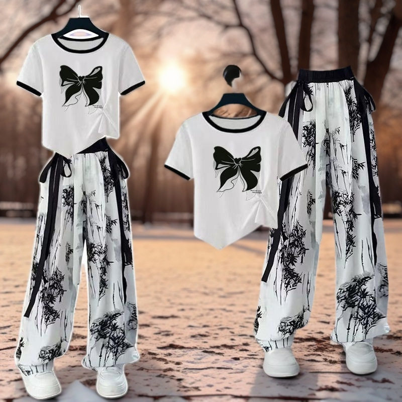 女童新中式国风冰丝套装水墨画阔腿裤时尚超仙洋气中大童两件套