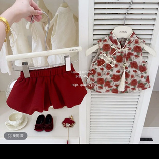 新款夏季女童新中式红色玫瑰旗袍背心花苞短裤两件套装女宝宝