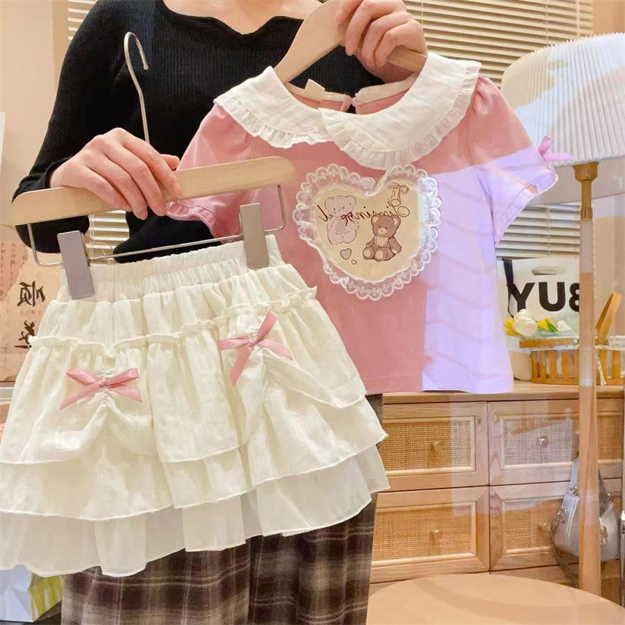 新品粉色短袖t恤短裙套装女童卡通上衣蛋糕裙夏天中小童两件套