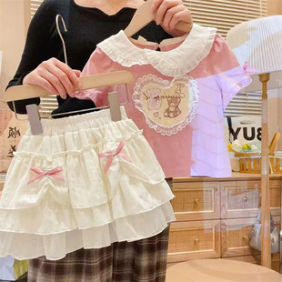 新品粉色短袖t恤短裙套装女童卡通上衣蛋糕裙夏天中小童两件套