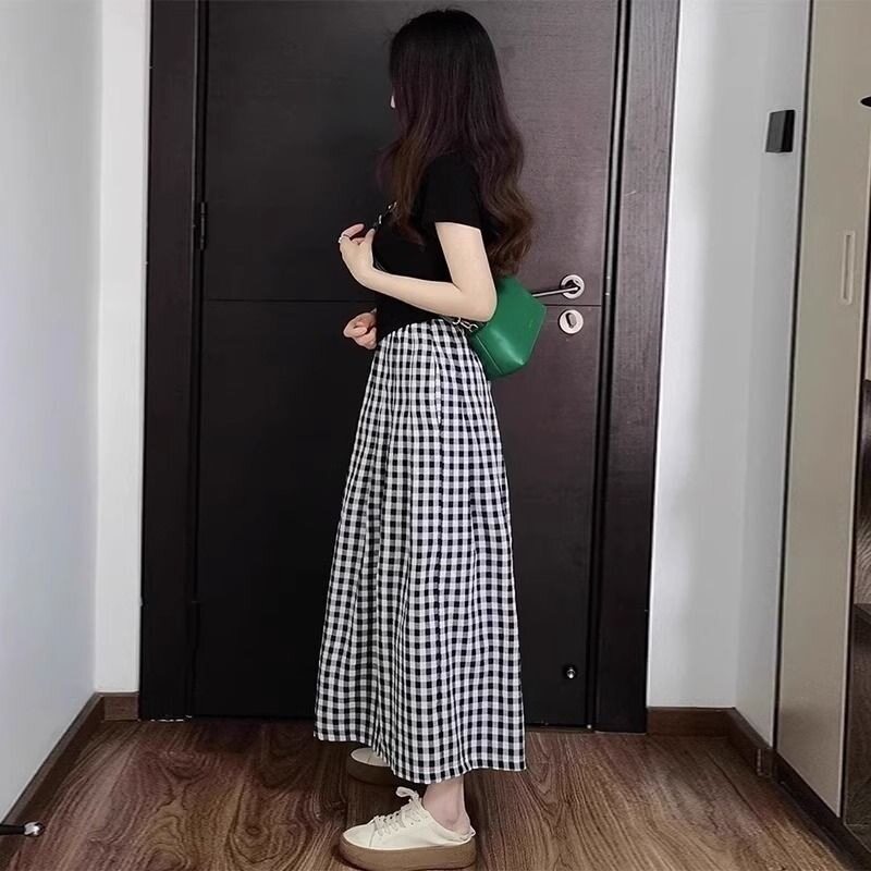 韩系慵懒风格子运动套装女夏季宽松显瘦短袖半身裙简约休闲两件套