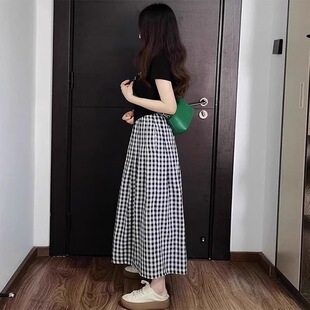 韩系慵懒风格子运动套装女夏季宽松显瘦短袖半身裙简约休闲两件套