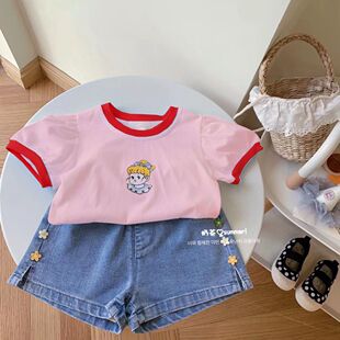 女童夏装短袖套装韩版儿童时髦一套衣服洋气女宝宝牛仔短裤两件套