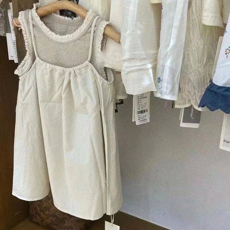韩国童装女童连衣裙套装夏季小女孩蕾丝花边背心上衣吊带裙两件套