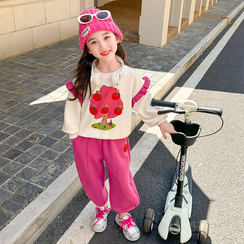 女小童花边卫衣套装春秋季女宝宝休闲运动秋装小女孩苹果树两件套