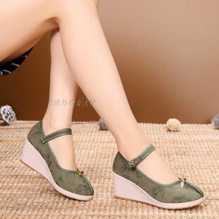 高跟单鞋 春季新款老北京布鞋休闲女鞋 粗坡跟高跟鞋汉服绣花鞋女