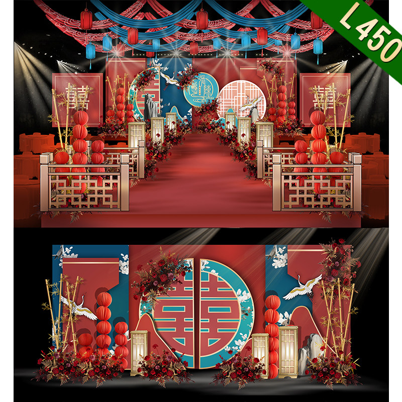 L450红金色新中式婚礼设计效果图国潮撞色婚礼舞台迎宾kt板制作图