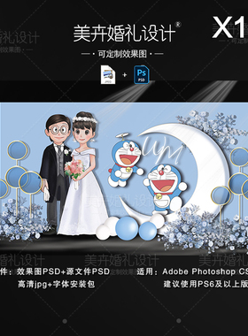 哆啦A梦大熊与静香卡通小预算蓝色婚礼迎宾设计效果图PSD原文件