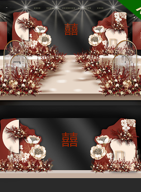 X155红色新中式LED大屏婚礼效果图香槟色小预算舞台背景psd模板