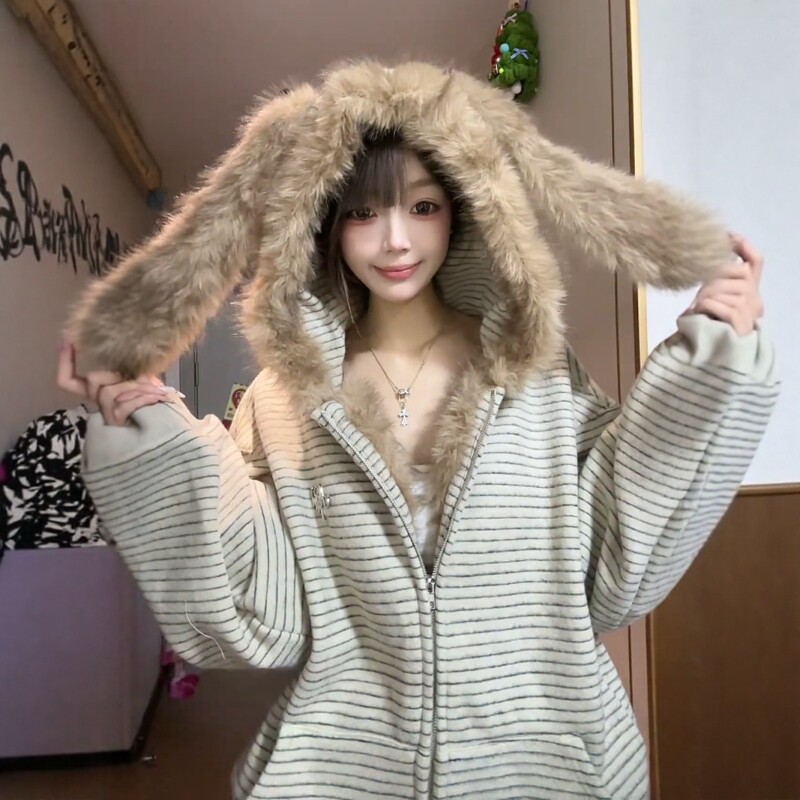 美式潮牌秋冬新款兔耳加绒连帽条纹开衫棉服卫衣女情侣毛领厚外套