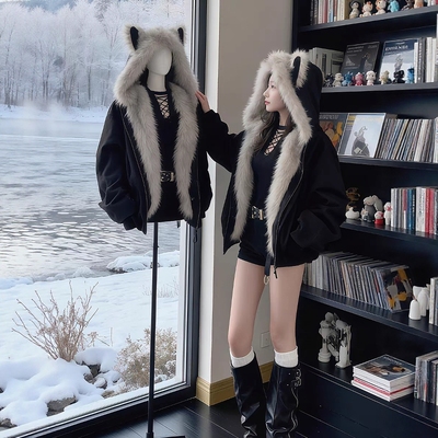 猫耳朵毛领座山雕棉服外套女2025冬季新款厚美式短款棉衣连帽棉袄