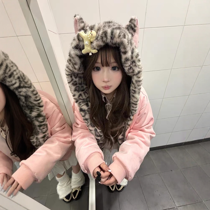 兔耳可爱粉色座山雕棉衣棉服保暖秋冬厚麂皮加绒豹纹连帽棉袄外套