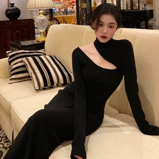 气质修身 新款 针织裙子女装 显瘦连衣裙长袖 2023春秋季 内搭黑色长款
