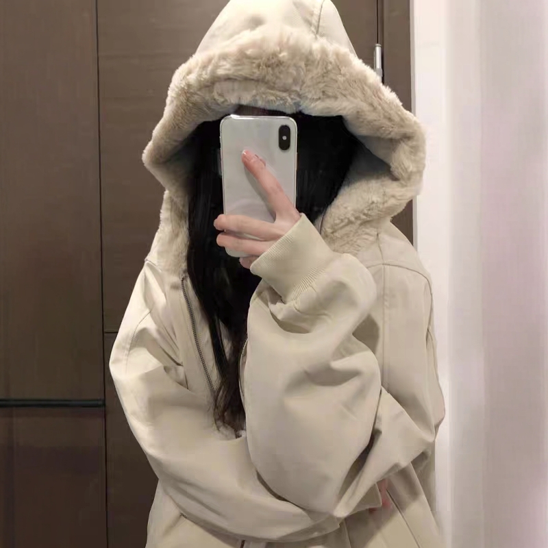 美式PU皮座山雕连帽毛领棉服女冬季高街加绒保暖棉衣棉袄加厚外套