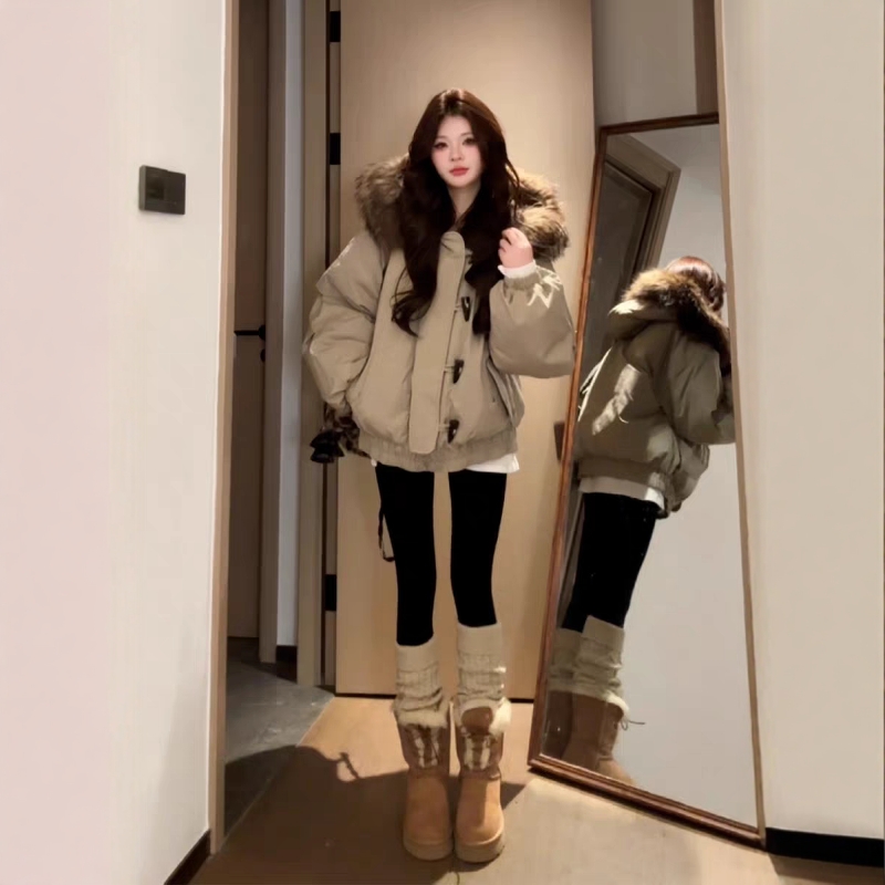 牛角扣大毛领2025年冬季新款羽绒棉服女连帽派克棉衣棉袄加厚外套