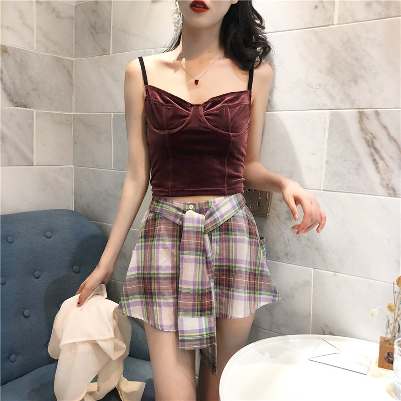 夏季韩版chic修身丝绒背心吊带不规则格子腰带裤短款阔腿裙套装女