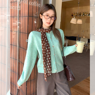 韩系气质湖水绿毛衣外套秋软糯针织开衫软糯小个子短款薄荷绿外搭