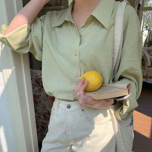 早春果绿色衬衫小众别致法式少女polo领叠穿上衣薄荷绿芥末绿衬衣