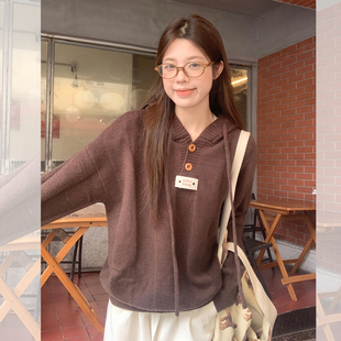 焦糖棕连帽毛衣外套女美拉德咖啡色针织衫 上衣设计感加厚保暖外搭