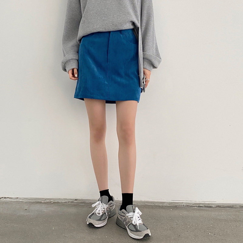 日系宝石蓝灯芯绒半身裙女复古高腰短裙少女防走光显瘦A字包臀裙