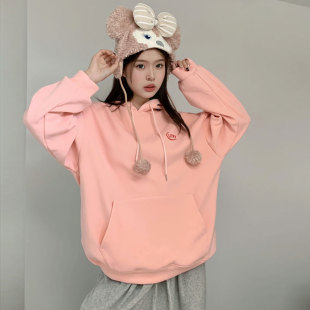 淡粉色卫衣加绒连帽上衣慵懒风ins少女甜美加厚婴儿绒套头外套潮