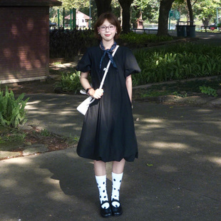 暗黑系黑色连衣裙女别致小众泡泡袖花苞裙宽松大摆遮肉短袖A字裙
