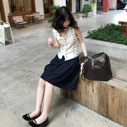 日系藏青色短裙2025夏高腰A字裙设计感有口袋五分裙子小个子中裙