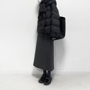 深灰色直筒毛呢半身裙冬季高腰过膝藏肉后开叉松紧腰中长款a字裙