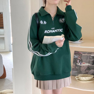 美式polo领墨绿色卫衣设计感半拉链松石绿上衣复古学院风条纹外套