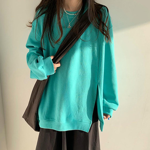 奶绿色卫衣女炸街盐系少女慵懒oversize侧开叉下衣失踪松石绿上衣