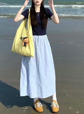 浅蓝色工装裙日系甜美多巴胺口袋纯棉A字裙小个子中长款大摆伞裙