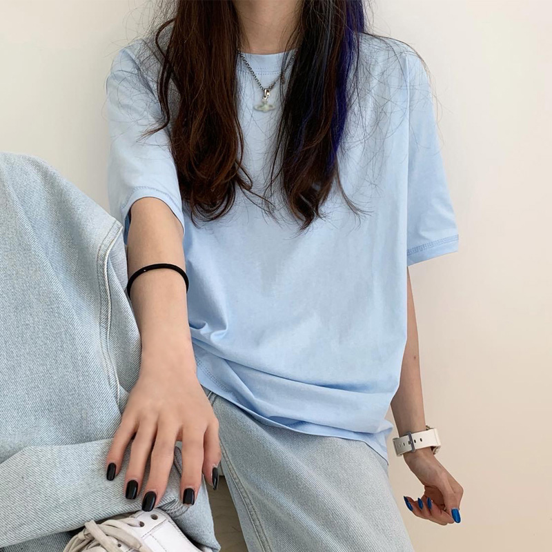 奶蓝色t恤女日系甜美清新学生冰淇淋色t恤宽松纯棉baby蓝上衣夏