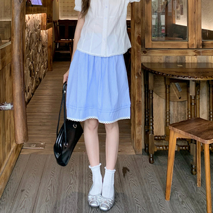 温柔风奶蓝色条纹半身裙女小清新减龄蕾丝花边蓬蓬裙小个子五分裙