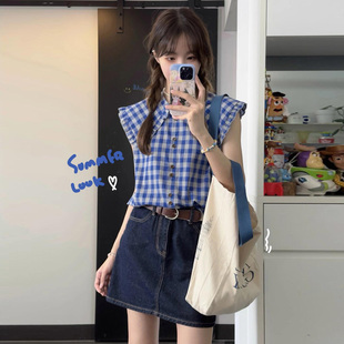 克莱因蓝格子衬衫日系复古荷叶领飞飞袖衬衣夏季新款减龄无袖上衣