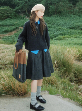 日杂风高级灰毛呢半身裙复古高腰a字裙垂感五分伞裙小个子蓬蓬裙