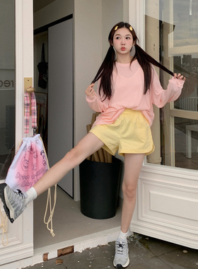 多巴胺奶黄色短裤夏季高腰显瘦水洗棉阔腿休闲裤设计感小众a字裤