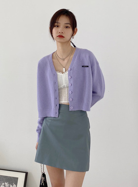 法式少女香芋紫毛衣开衫女chic温柔淡紫色针织衫v领bm风短款外搭