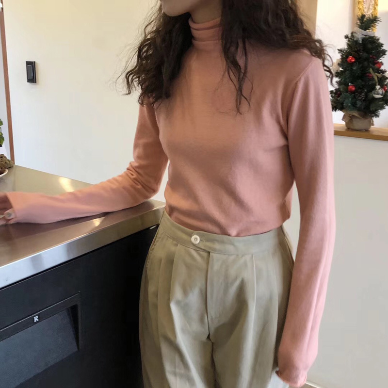 chic风橘粉色早春弹力卷边毛衣