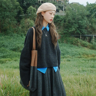 碳灰色毛衣日系复古慵懒风加厚保暖小个子短款宽松烟灰色针织上衣