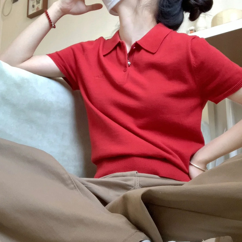 正红色毛衣短袖T恤韩系气质设计感小个子别致新年红polo领针织衫