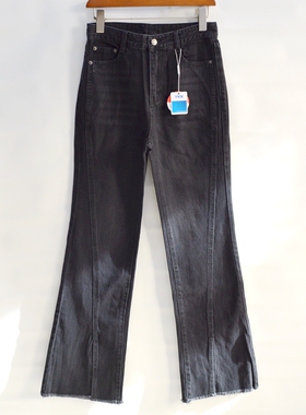 26-28女士M喇叭裤无弹力灰黑色牛仔裤高腰春秋款下开叉长裤高个子