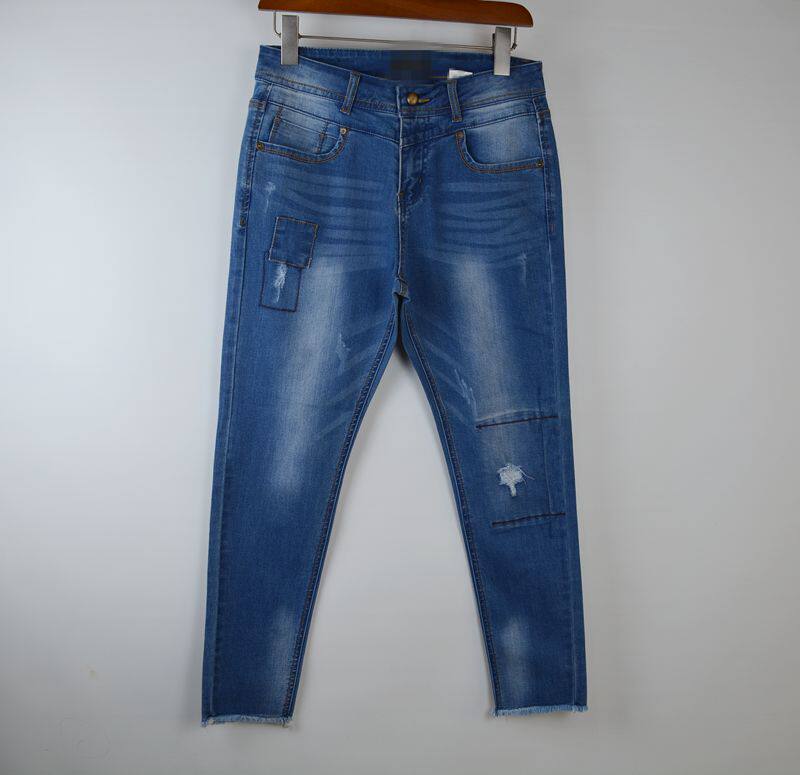 超级福利 女士小脚铅笔裤 九分裤 矮个子 流苏边 棉弹力 高腰补丁