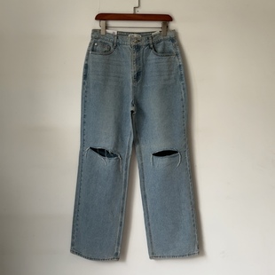 547j30码女士破洞牛仔裤高腰无弹力直筒裤外贸原单春秋长裤不退换