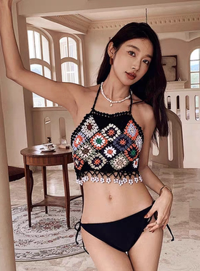 韩版复古黑色针织分体泳衣超仙沙滩性感泰国新款小红书ins泳衣女