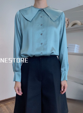 韩国设计师品牌EENK 20秋冬新款时尚纯色大翻领真丝长袖衬衫衬衣