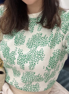 韩国品牌RECTO 22秋季新款复古提花绿色短款针织短袖上衣