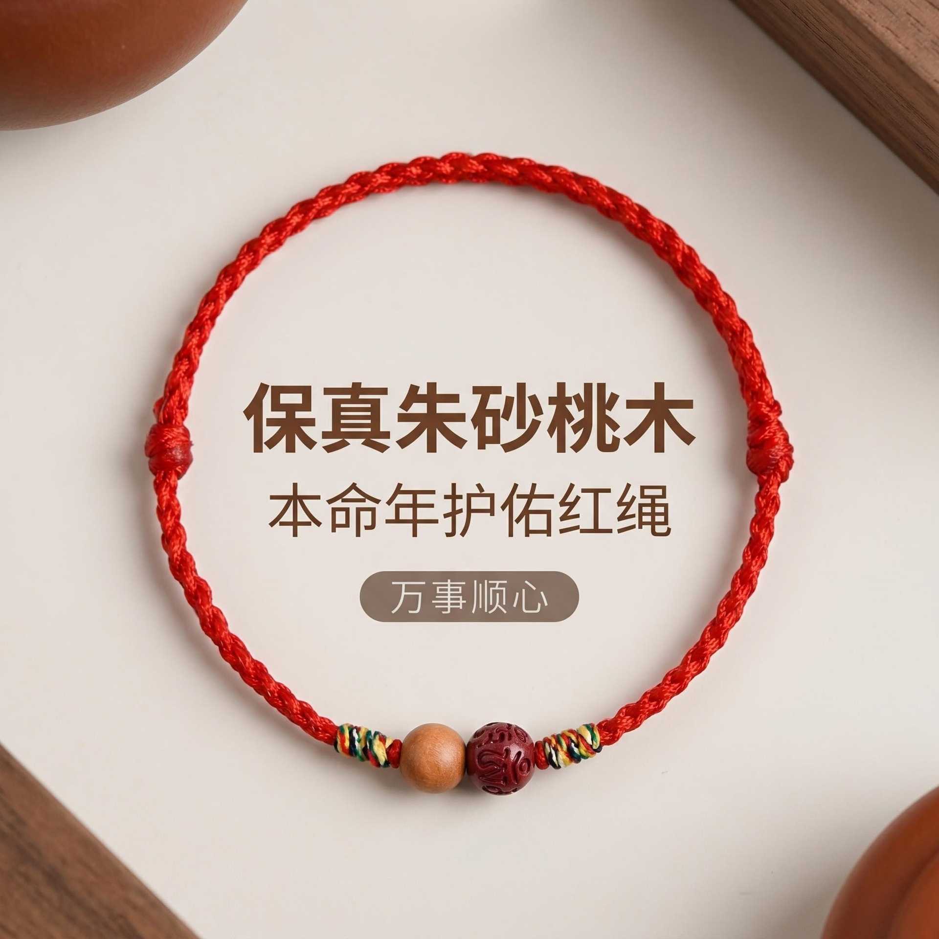 本命年天然桃木朱砂红绳手绳手链手脚儿童宝宝成人压惊属马简约细