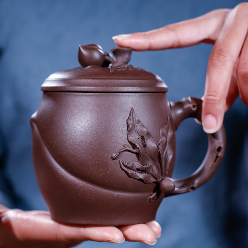 海庄茶具大容量紫砂杯男女士生日礼物办公杯带盖水杯纯手工寿桃杯
